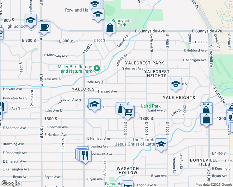 map of restaurants, bars, coffee shops, grocery stores, and more near 1656 Harvard Avenue in Salt Lake City