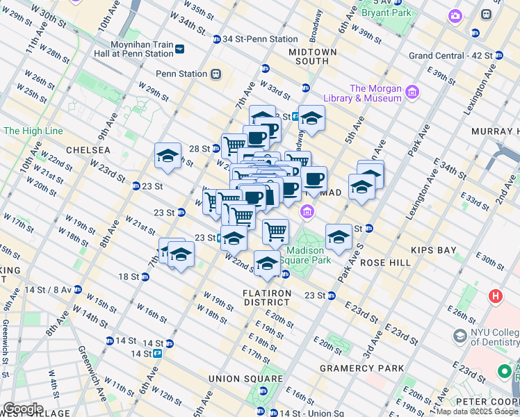 map of restaurants, bars, coffee shops, grocery stores, and more near 38 West 26th Street in New York
