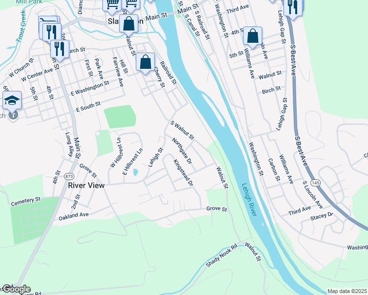 map of restaurants, bars, coffee shops, grocery stores, and more near 7313 Northgate Drive in Slatington
