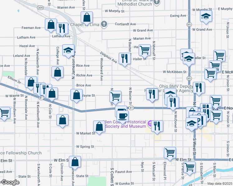 map of restaurants, bars, coffee shops, grocery stores, and more near 846 West Wayne Street in Lima