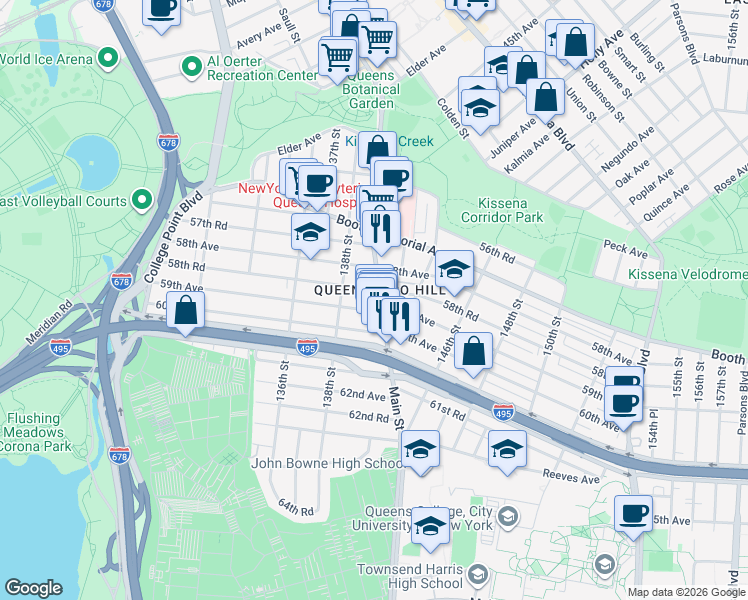 map of restaurants, bars, coffee shops, grocery stores, and more near 140-4 58th Road in Queens