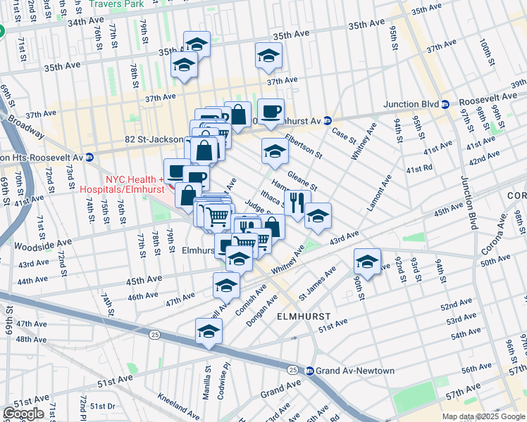 map of restaurants, bars, coffee shops, grocery stores, and more near 42-1 Judge Street in Queens