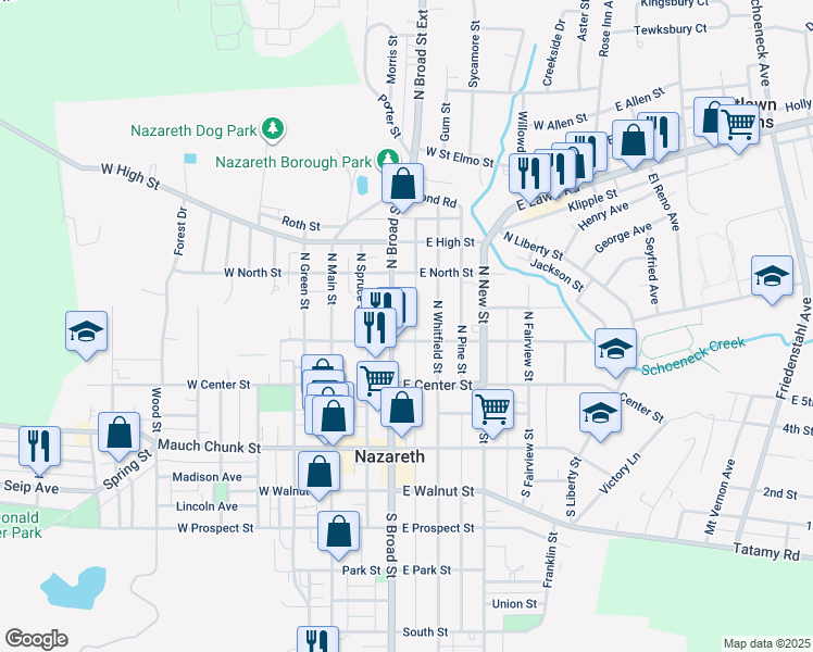 map of restaurants, bars, coffee shops, grocery stores, and more near 118 North Broad Street in Nazareth