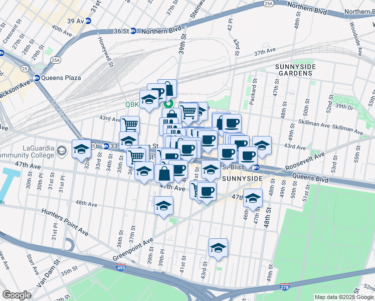 map of restaurants, bars, coffee shops, grocery stores, and more near 46 40th Street in Queens