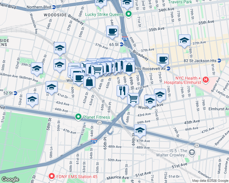 map of restaurants, bars, coffee shops, grocery stores, and more near 39-48 65th Place in Queens