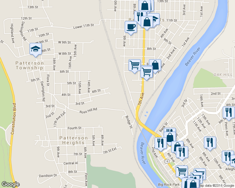 map of restaurants, bars, coffee shops, grocery stores, and more near 300 Park Avenue in Beaver Falls