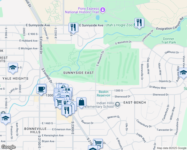 map of restaurants, bars, coffee shops, grocery stores, and more near 1216 Wasatch Drive East in Salt Lake City