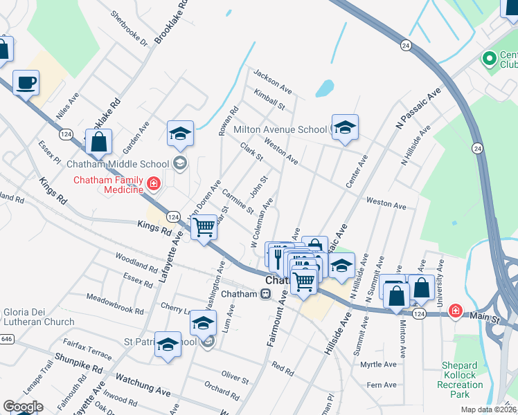 map of restaurants, bars, coffee shops, grocery stores, and more near 47 Coleman Avenue in Chatham