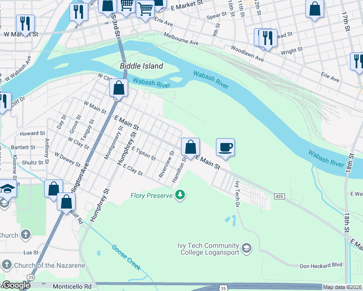 map of restaurants, bars, coffee shops, grocery stores, and more near 510 East Main Street in Logansport