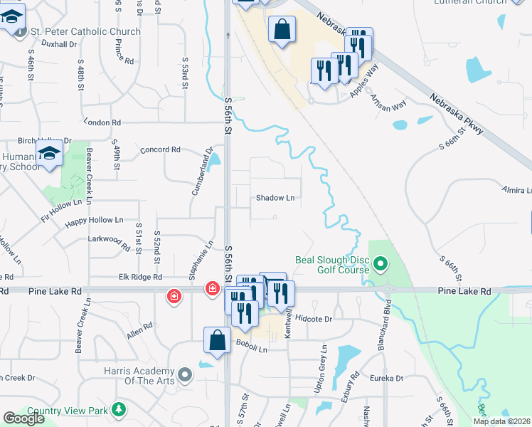 map of restaurants, bars, coffee shops, grocery stores, and more near 5724 Shadow Pines Court in Lincoln