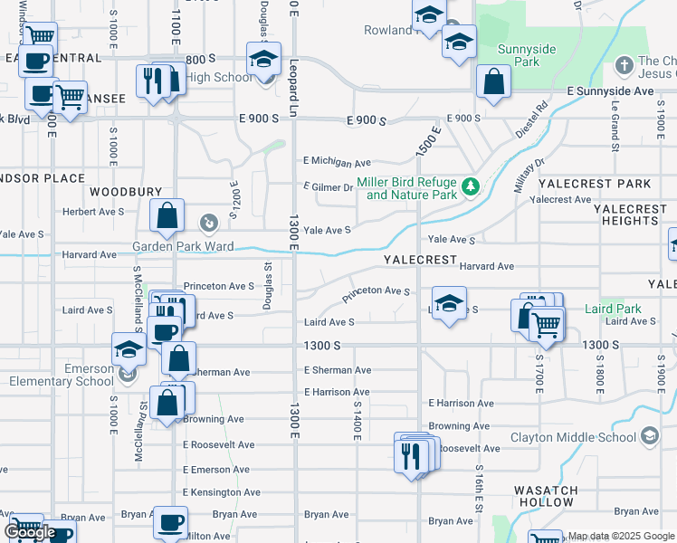 map of restaurants, bars, coffee shops, grocery stores, and more near 1365 Harvard Avenue in Salt Lake City