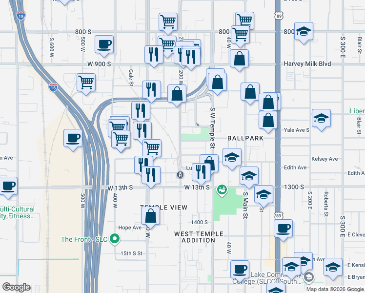 map of restaurants, bars, coffee shops, grocery stores, and more near 1112 South 200 West in Salt Lake City