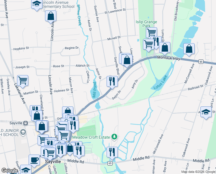 map of restaurants, bars, coffee shops, grocery stores, and more near 359 North Main Street in Sayville
