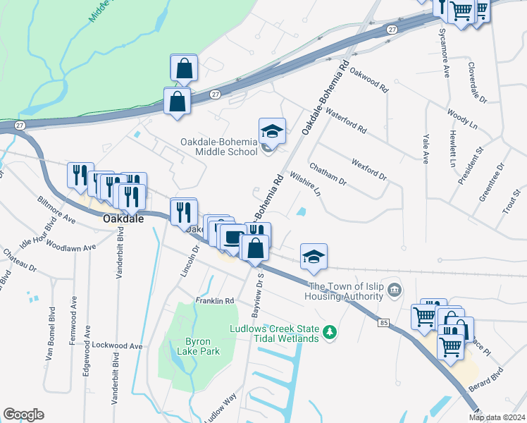 map of restaurants, bars, coffee shops, grocery stores, and more near 69 Greenview Court in Oakdale
