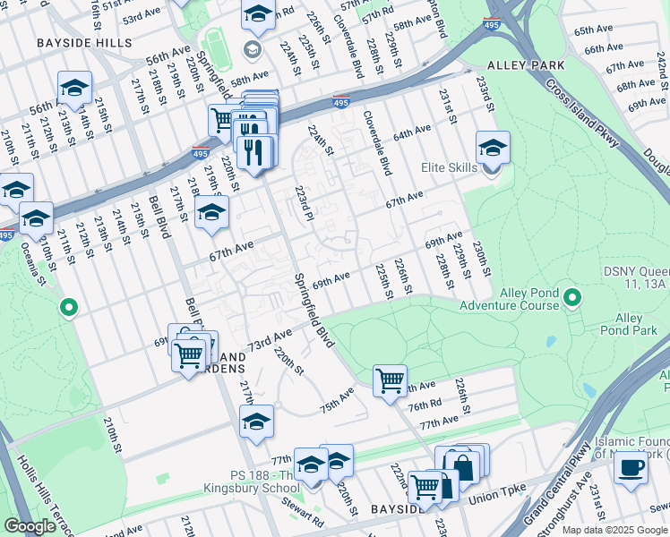 map of restaurants, bars, coffee shops, grocery stores, and more near 223-7 69th Avenue in Queens