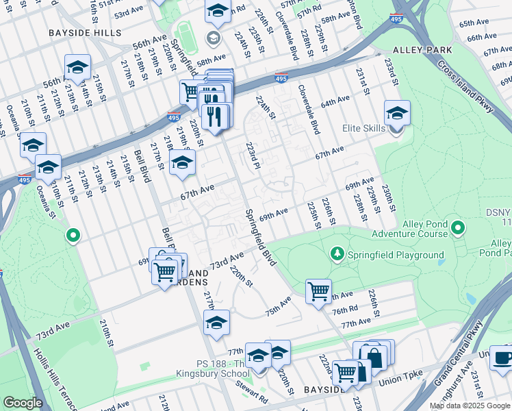 map of restaurants, bars, coffee shops, grocery stores, and more near 6809 Springfield Boulevard in Queens