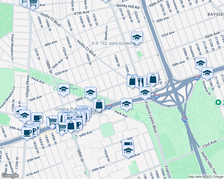 map of restaurants, bars, coffee shops, grocery stores, and more near 196-17 58th Avenue in Queens