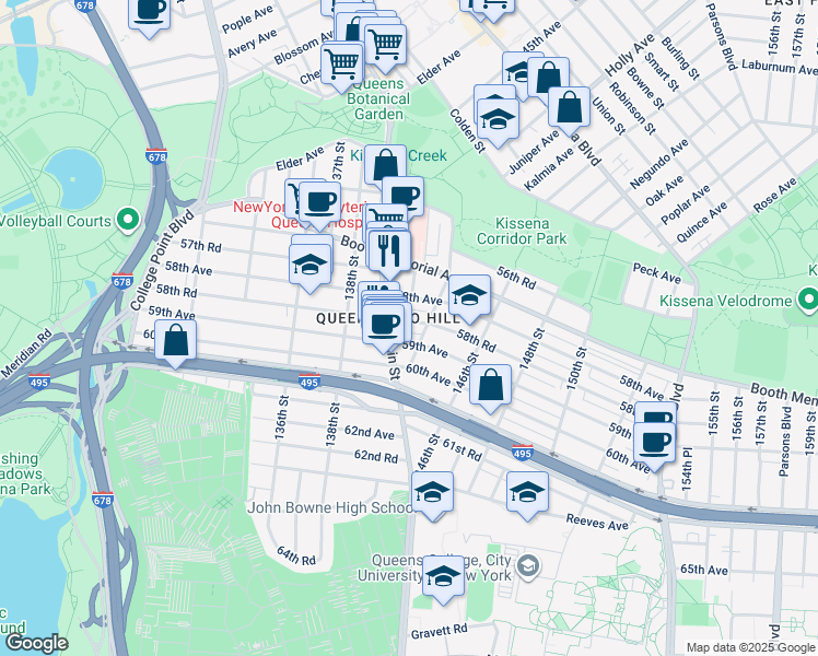 map of restaurants, bars, coffee shops, grocery stores, and more near 140-4 58th Road in Queens