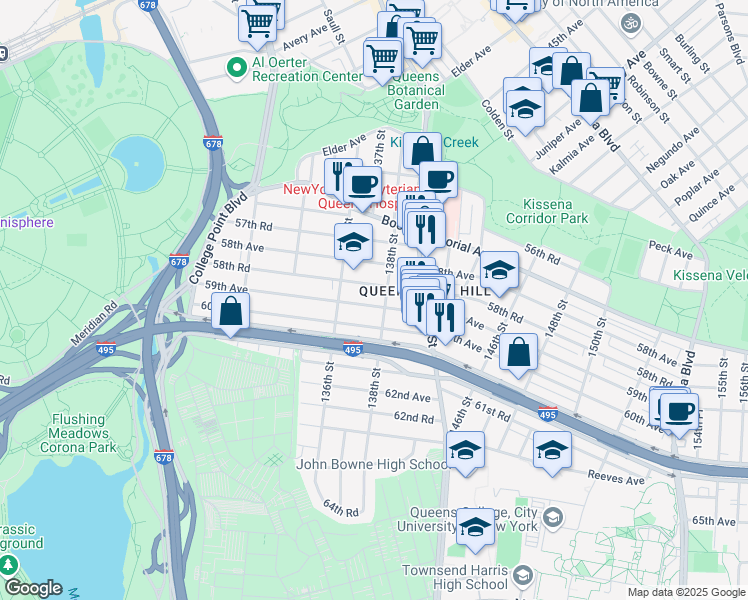 map of restaurants, bars, coffee shops, grocery stores, and more near 136-26 58th Road in Queens