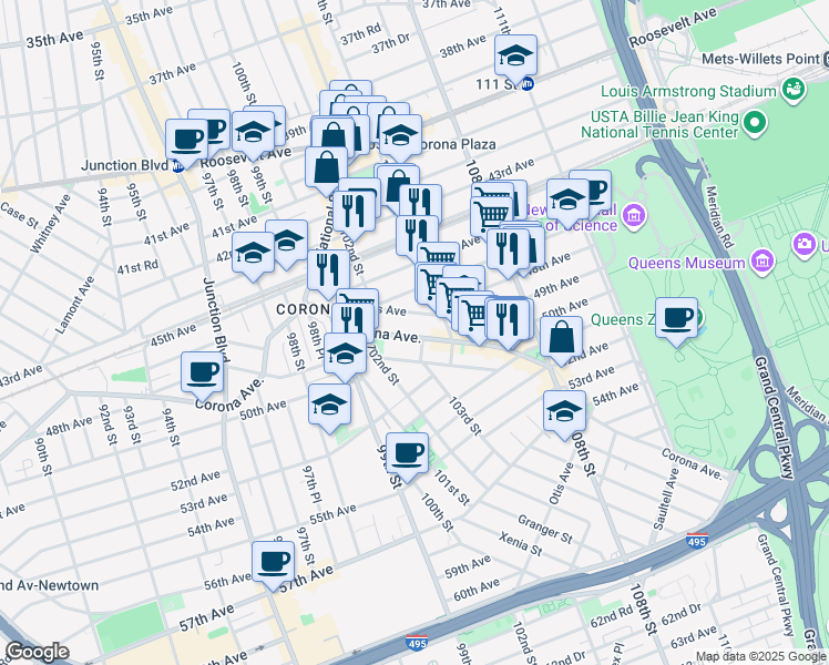 map of restaurants, bars, coffee shops, grocery stores, and more near 102-48 Nicolls Avenue in Queens