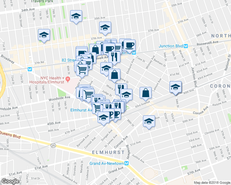 map of restaurants, bars, coffee shops, grocery stores, and more near 41-42 Ithaca Street in Queens