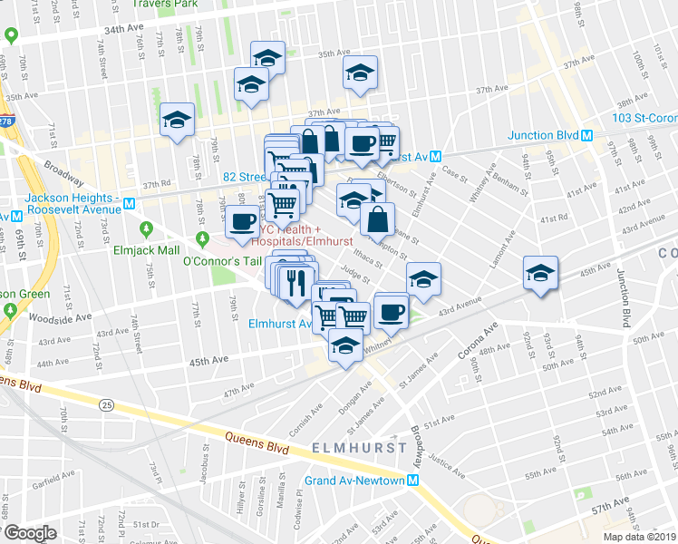 map of restaurants, bars, coffee shops, grocery stores, and more near 42-1 Judge Street in Queens