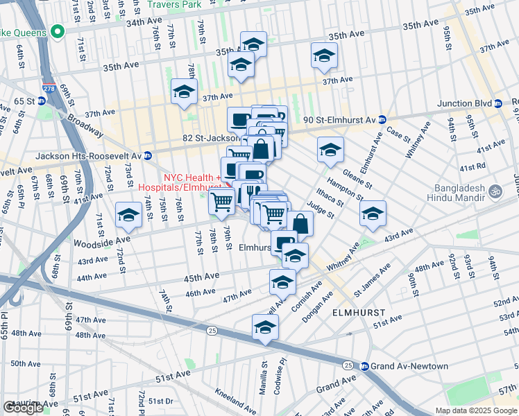 map of restaurants, bars, coffee shops, grocery stores, and more near 42-15 Layton Street in Queens