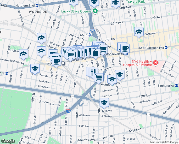 map of restaurants, bars, coffee shops, grocery stores, and more near 67-2 41st Avenue in Queens