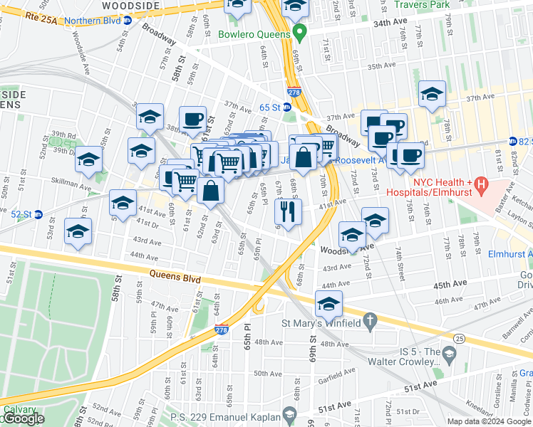 map of restaurants, bars, coffee shops, grocery stores, and more near 39-48 65th Place in Queens