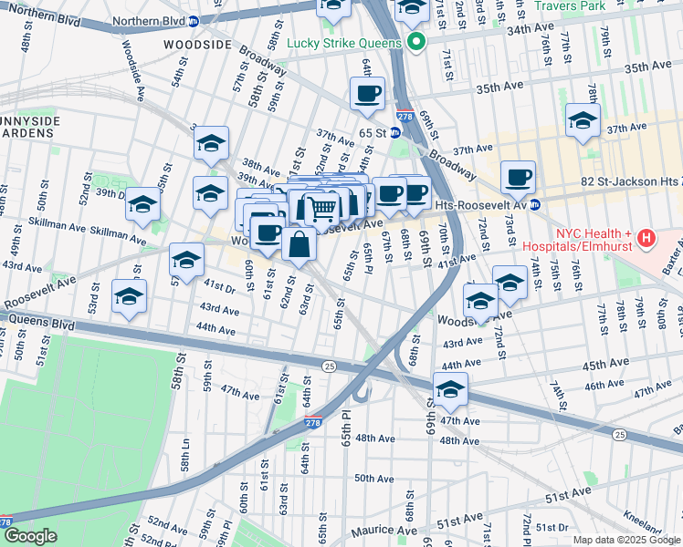 map of restaurants, bars, coffee shops, grocery stores, and more near 39-71 64th Street in Queens