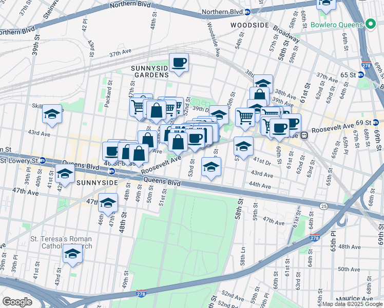 map of restaurants, bars, coffee shops, grocery stores, and more near in Queens