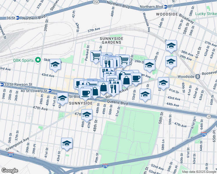 map of restaurants, bars, coffee shops, grocery stores, and more near 49-2 43rd Avenue in Queens