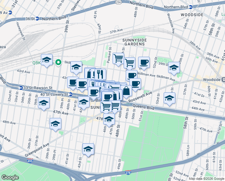 map of restaurants, bars, coffee shops, grocery stores, and more near 46-16 43rd Avenue in Queens