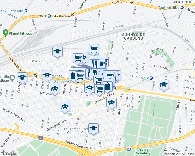 map of restaurants, bars, coffee shops, grocery stores, and more near 43-24 43rd Street in Queens