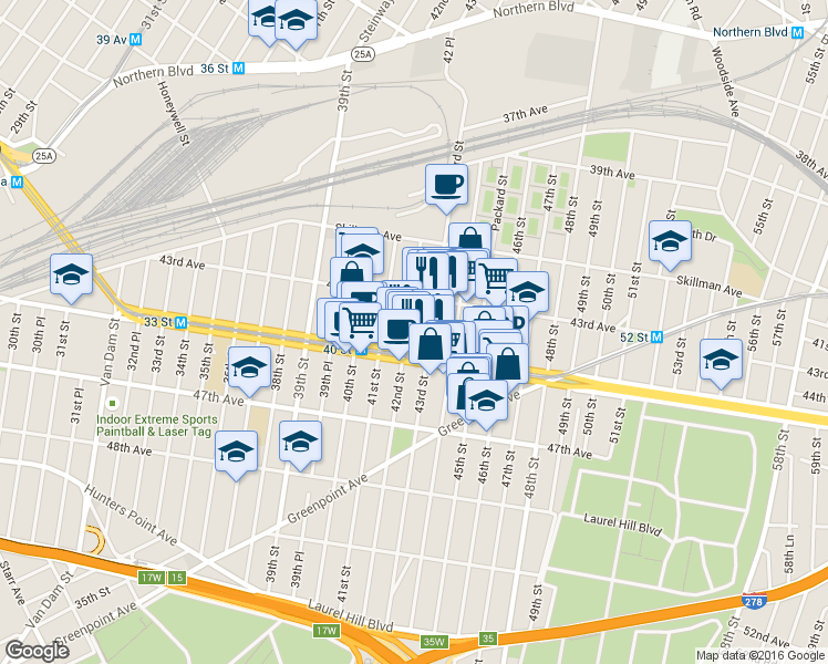 map of restaurants, bars, coffee shops, grocery stores, and more near 43-24 43rd Street in Queens
