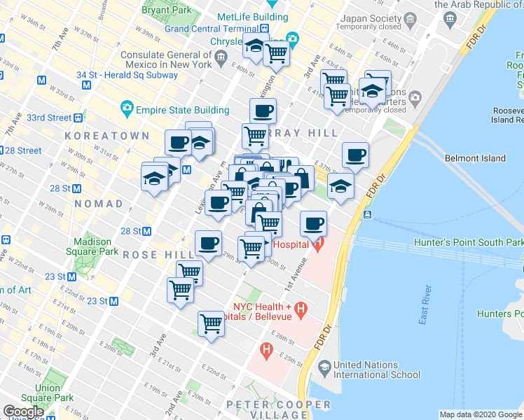 map of restaurants, bars, coffee shops, grocery stores, and more near 239 East 33rd Street in New York