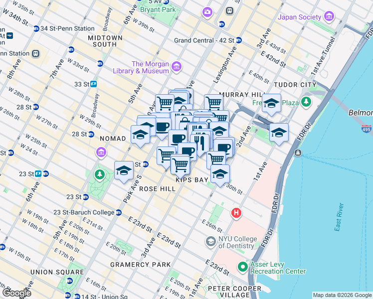 map of restaurants, bars, coffee shops, grocery stores, and more near in New York