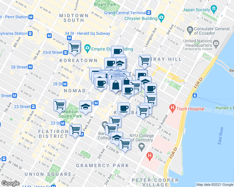 map of restaurants, bars, coffee shops, grocery stores, and more near 114 East 32nd Street in New York