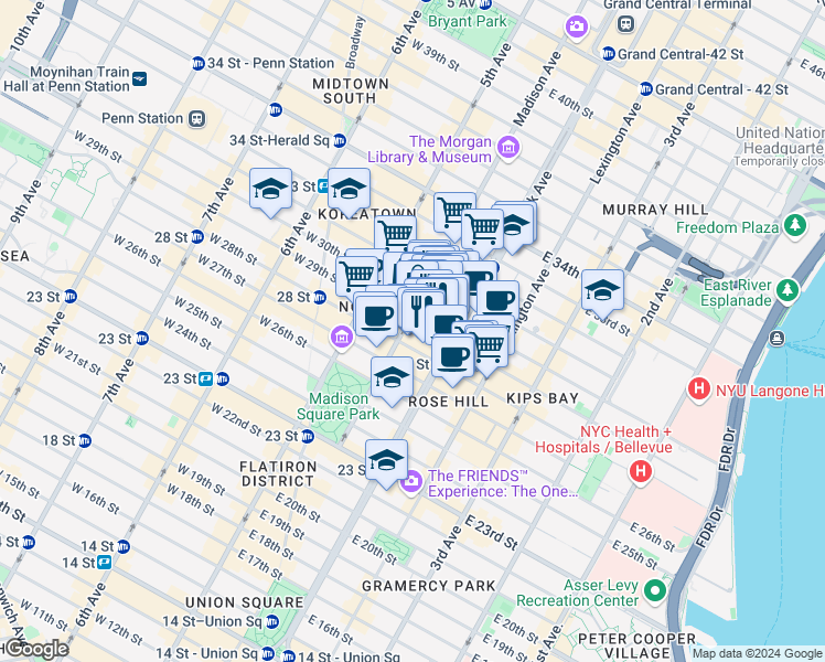 map of restaurants, bars, coffee shops, grocery stores, and more near 79 Madison Avenue in New York