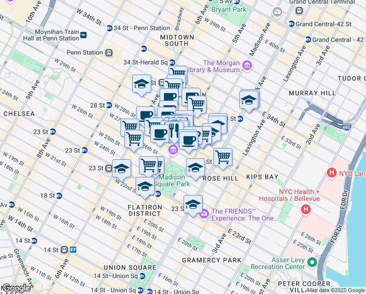 map of restaurants, bars, coffee shops, grocery stores, and more near 236 5th Avenue in New York