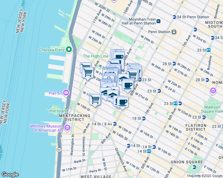 map of restaurants, bars, coffee shops, grocery stores, and more near 162 9th Avenue in New York
