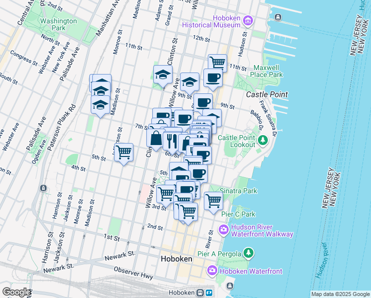 map of restaurants, bars, coffee shops, grocery stores, and more near 622 Garden Street in Hoboken
