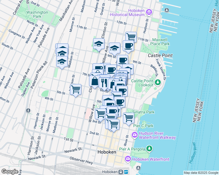 map of restaurants, bars, coffee shops, grocery stores, and more near 622 Garden Street in Hoboken