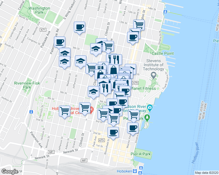 map of restaurants, bars, coffee shops, grocery stores, and more near 622 Garden Street in Hoboken