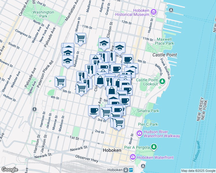 map of restaurants, bars, coffee shops, grocery stores, and more near in Hoboken