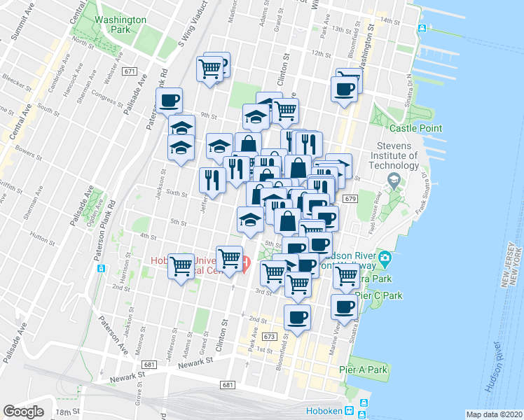 map of restaurants, bars, coffee shops, grocery stores, and more near in Hoboken
