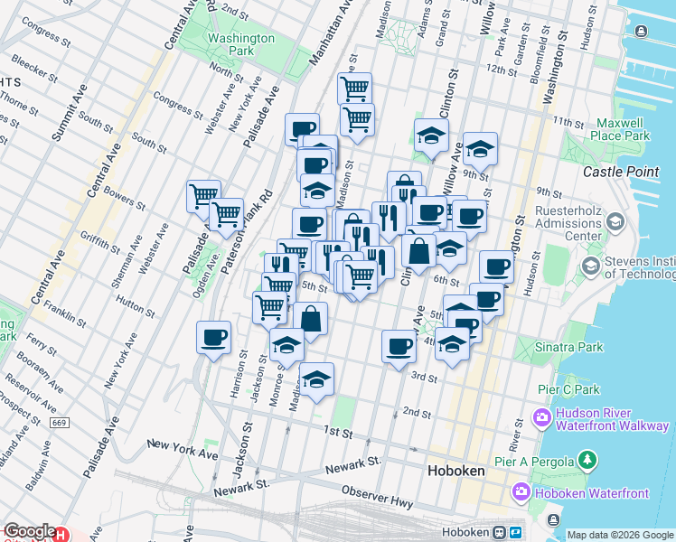 map of restaurants, bars, coffee shops, grocery stores, and more near 525 Madison Street in Hoboken