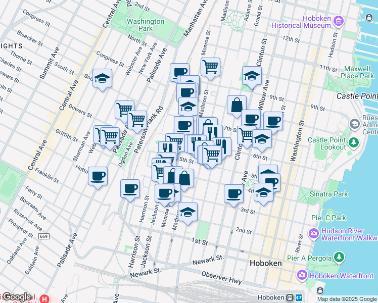 map of restaurants, bars, coffee shops, grocery stores, and more near 518 Monroe Street in Hoboken