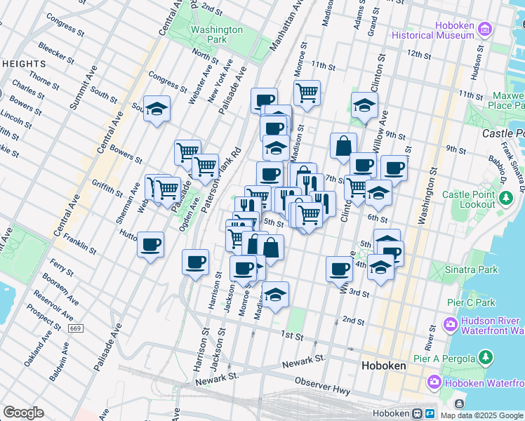 map of restaurants, bars, coffee shops, grocery stores, and more near 518 Monroe Street in Hoboken
