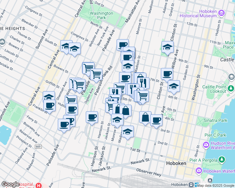 map of restaurants, bars, coffee shops, grocery stores, and more near 520 Jackson Street in Hoboken
